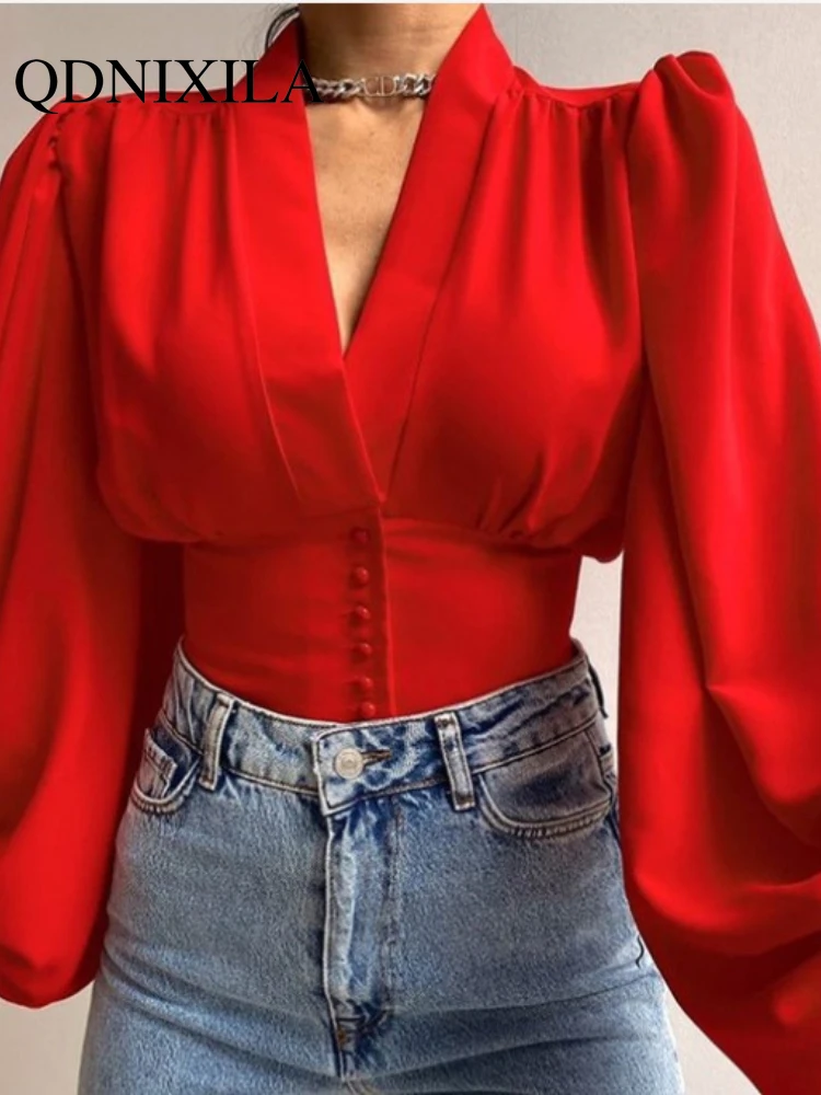 Женская рубашка с V-образным вырезом длинным рукавом-фонариком |