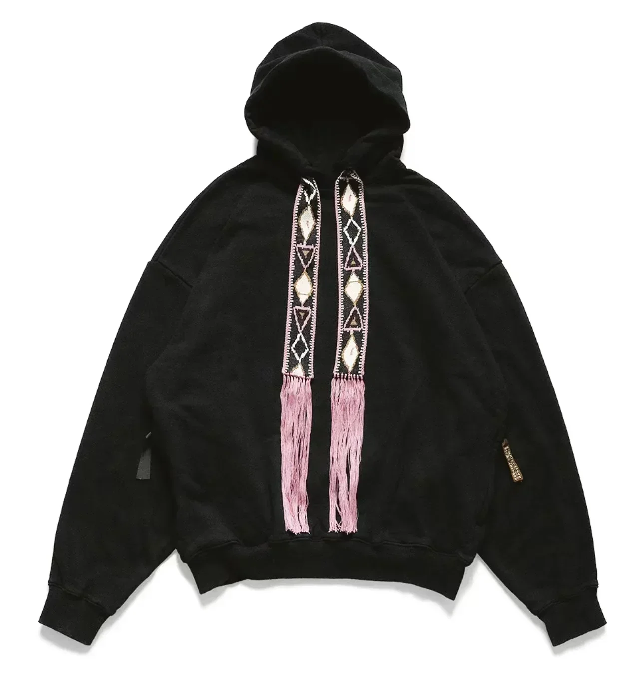 Фото Мужские толстовки KAPITAL Hiroda 23SS, двухцветные, в японском винтажном стиле, с геометрическим узором, бахромой, этнической вышивкой и лентами, свободного кроя, с капюшоном №4