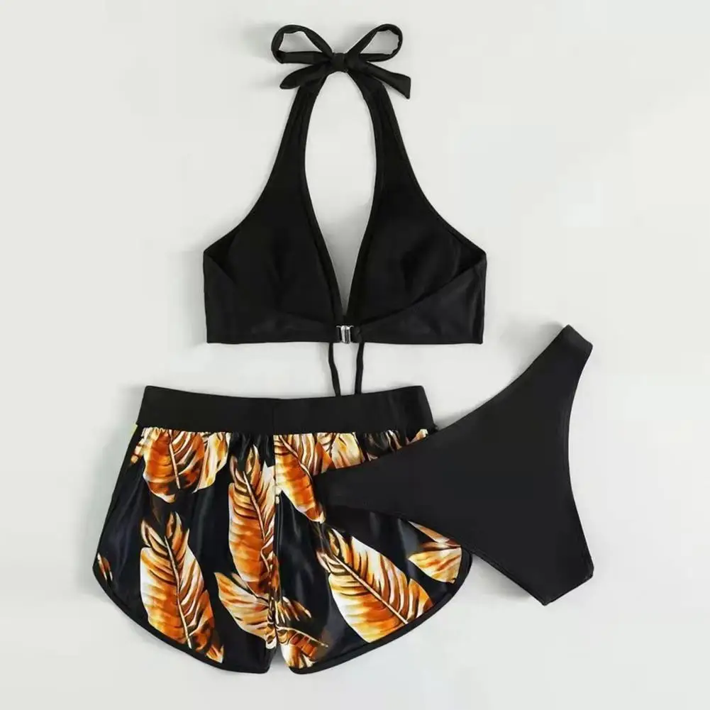 

3Pcs/Set Women Swimsuit Leaf Print Split Bikini Off Shoulder Backless Split Bikini