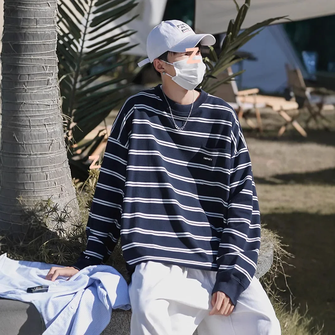 Модная полосатая футболка с длинными рукавами в гонконгском стиле уличная
