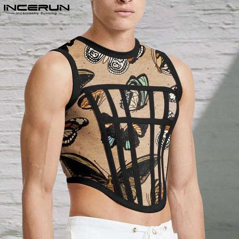 

Fashion Casual New Men's Waistcoat Stylish O-neck Crop Sleeveless Printed Party Shows Stretch Undershirt S-5XL INCERUN Tops 2022