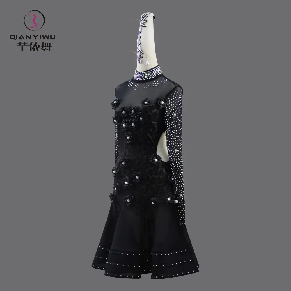 Черный сценический костюм платье для латиноамериканских танцев модель 2024 года