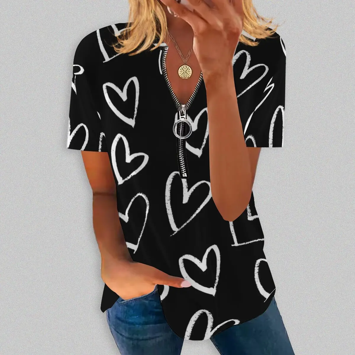 

Летняя новинка, Модный женский топ с круглым вырезом и длинным принтом на молнии, с коротким рукавом, повседневная фотография