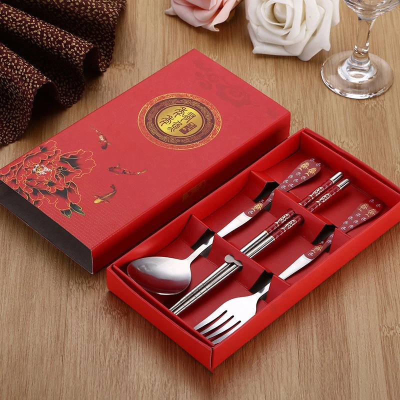 Red/blue/white/green Stainless Steel Tableware Fork Chopsticks Spoon Fork Gift Box Portable Travel Tableware Set
