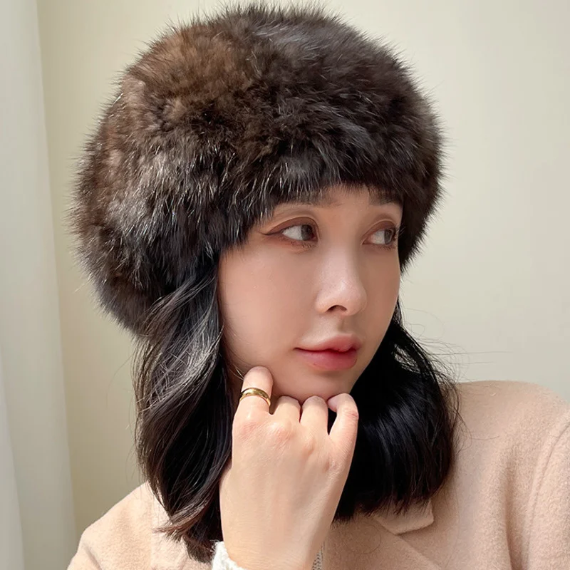 Women Mink Fur Beret Hats Female Natural Mink Fur Hat Winter Lady Fashion Fur Hat Hand Made Warm Knitted Fur Hat Luxury Fur Cap