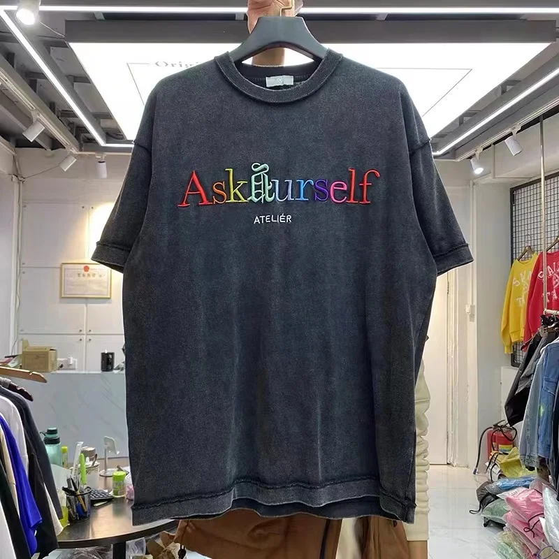 

Hip-hop rainbow monogrammed embroidered wash backline short-sleeved t-shirt man