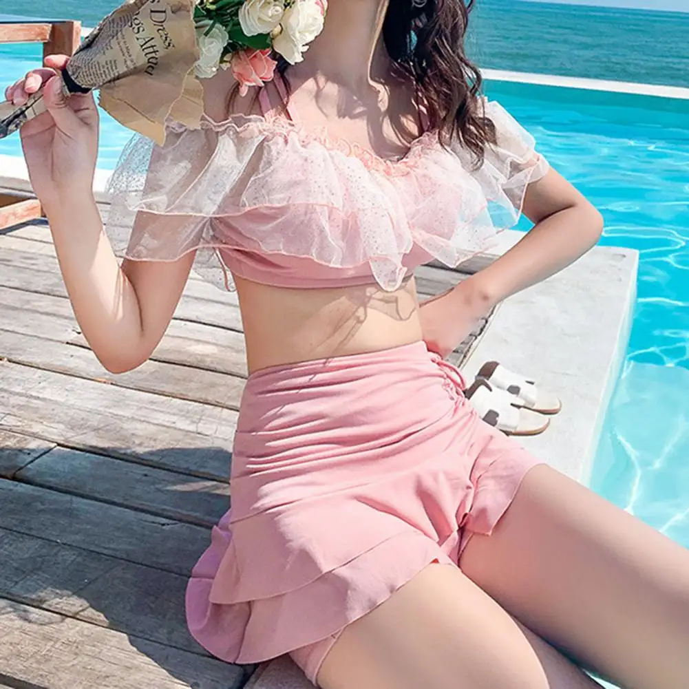 

2Pcs/Set Popular Women Swimwear Good Elasticity Breathable Bra Skirt Set Solid Color Girls Sweet Bathing Suit