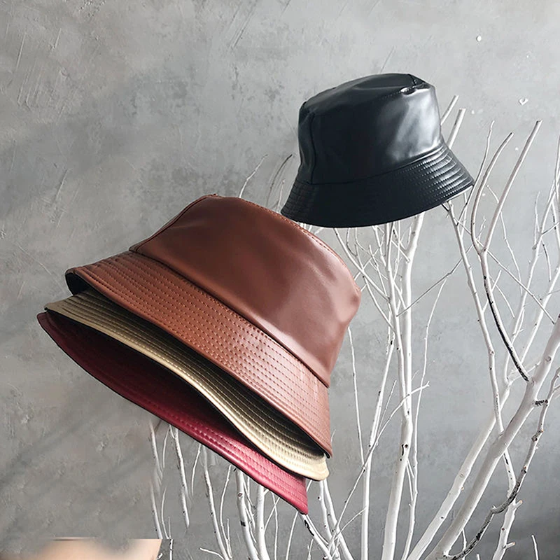

Faux Leather Bucket Hat Women Reversible Pu And Cotton Soild Sun Hat Fashion Autumn Waterproof Fisherman Hats 2023 New
