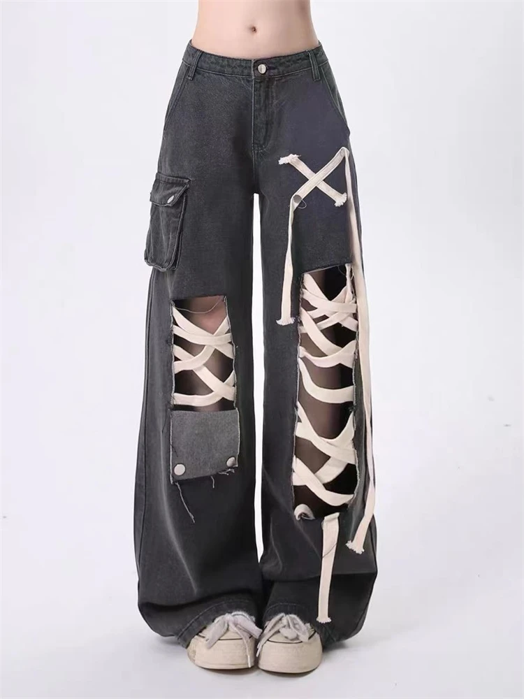 Женские джинсы в стиле Харадзюку винтажные мешковатые брюки из денима уличном с