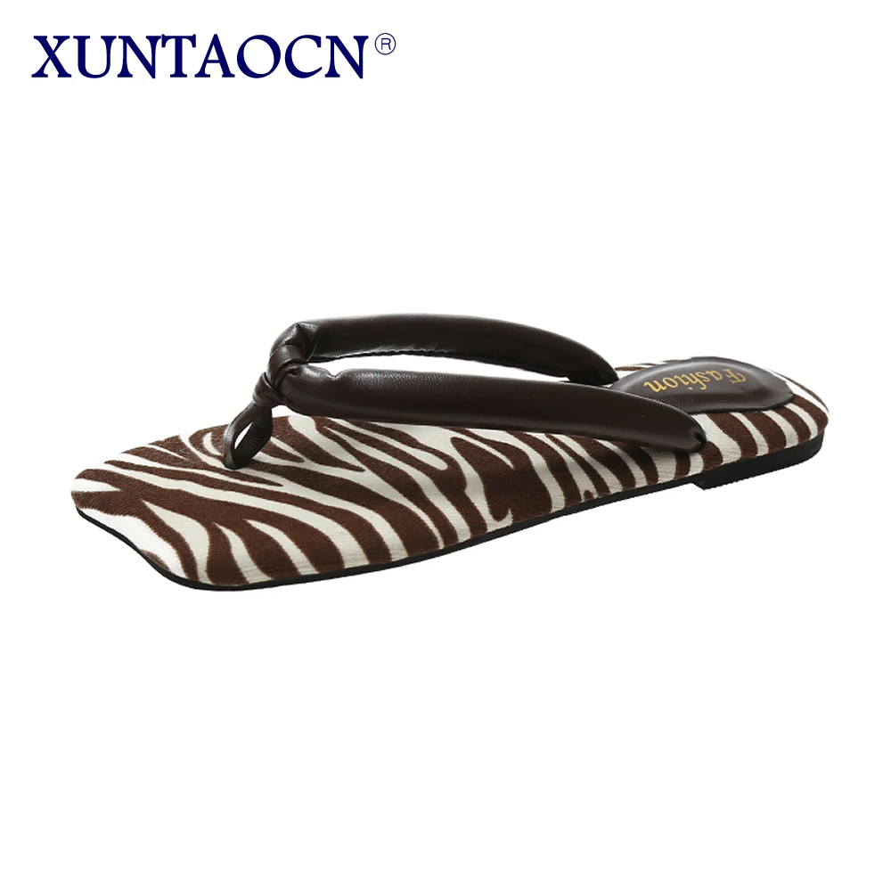 

2022 Summer Women's Beige Leather Square Toe Outdoor Slippers Street Fashion Flip Flops Ladies Platform Low Heeled Shoes 35-40