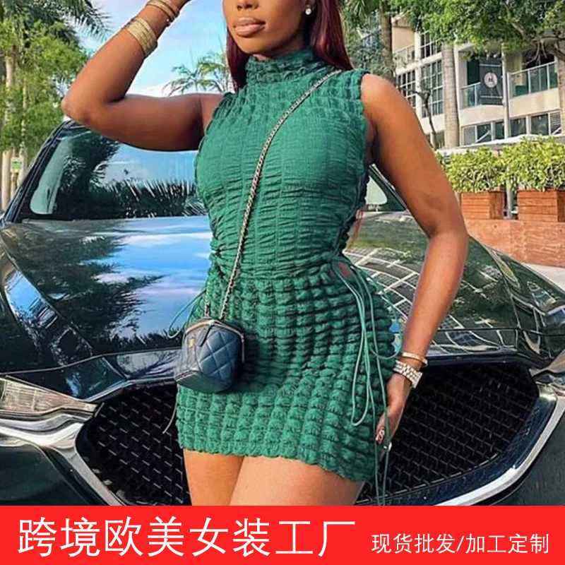 

Crease Sleeveless Sexy Lace Cut Out Wrapped Hip Half High Neck Skirt