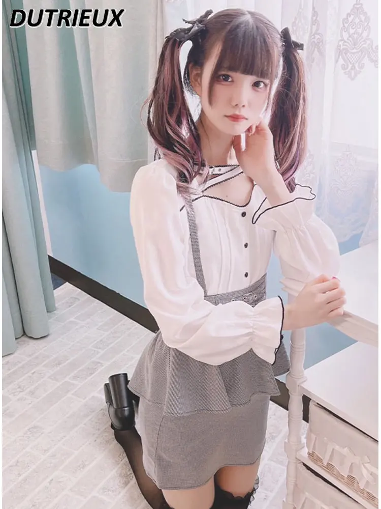 

Cross Strap Neckline Long Sleeve Shirt Loose and Cute Mine Japanese Style Blouse Inner Wear Sweet Kawaii Girl Solid Color Top