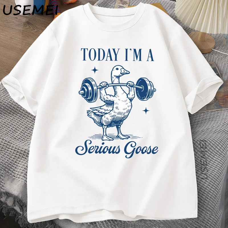 Фото Футболка для тяжелой атлетики «Serious Goose», забавная футболка с принтом для тренировок в тренажерном зале, футболка для любителей животных, хлопковые футболки с короткими рукавами в стиле Харадзюку №3