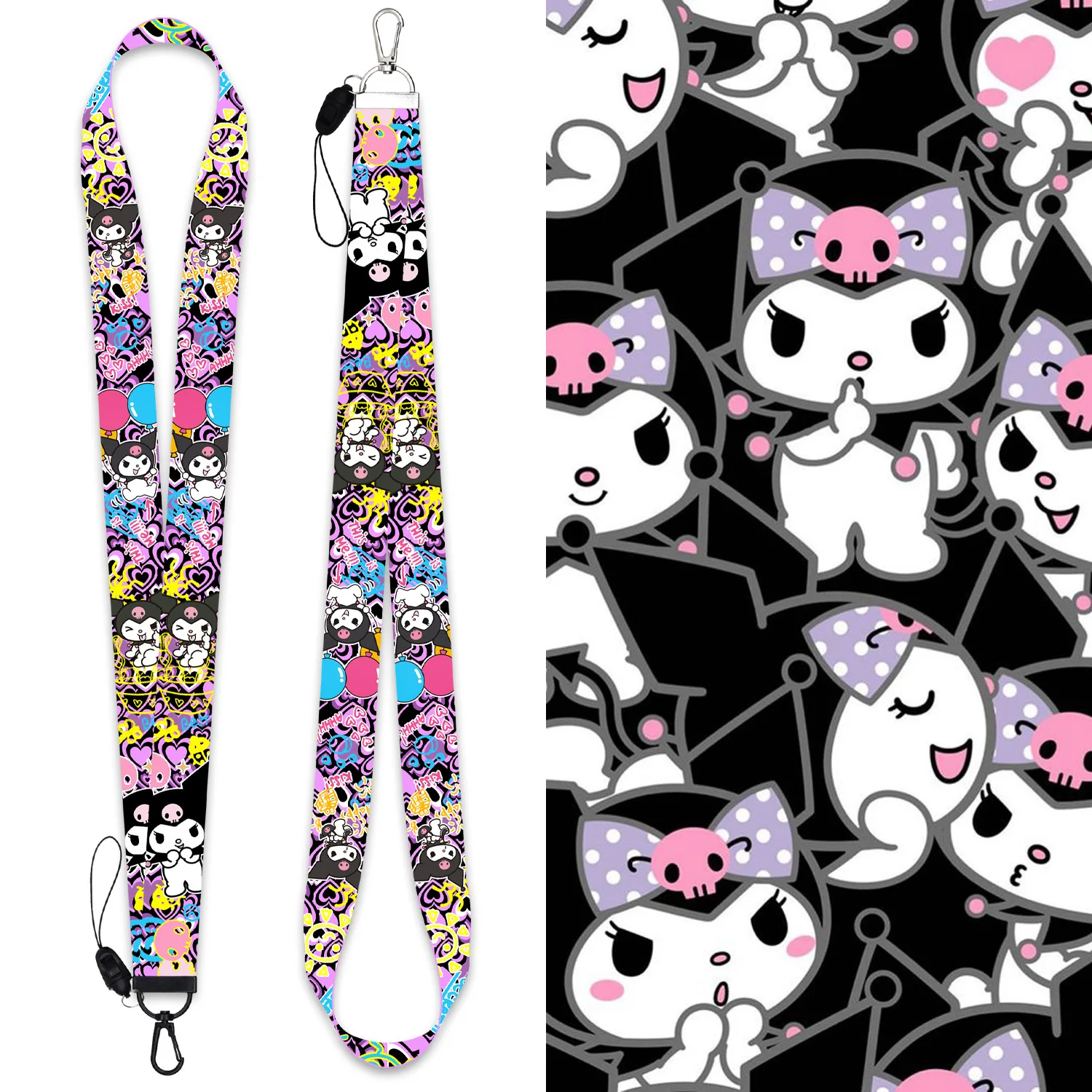 

New Sanrio Cartoon Kuromi Mobile Phone Pendant Ribbon Pendant Cute Keychain Long Lanyard Card Sleeve Combination Decoration Gift