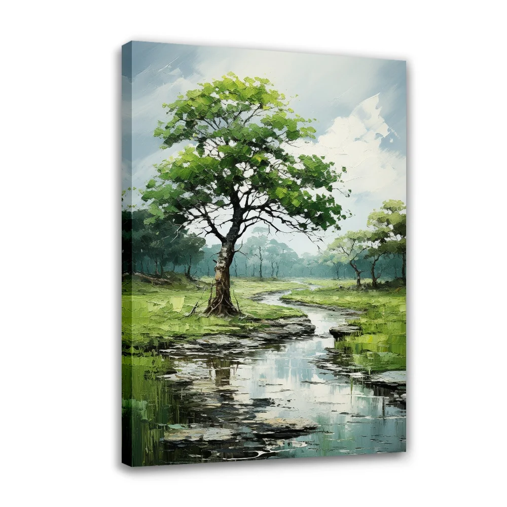 

Forbeauty Green Trees Grassland Streams Framed Gallery Canvas Painting Colorful Vase Antique For Home Decoration