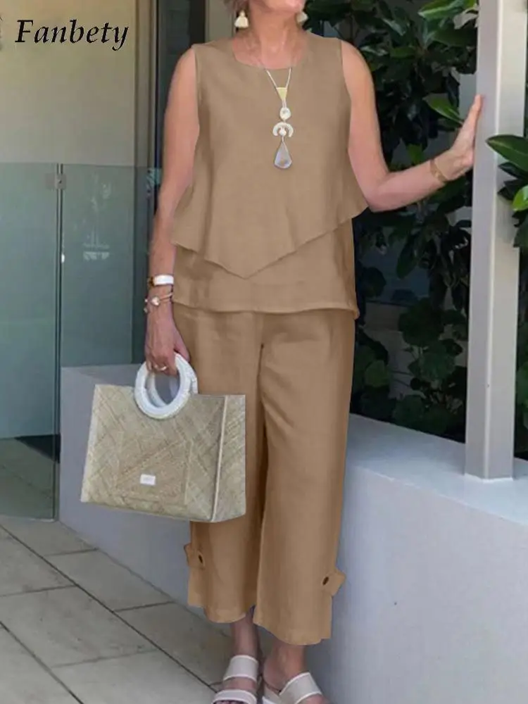 

Women Vintage Cotton Linen Pullover Tops +Long Pants 2022 Summer Sexy Sleeveless Two Piece Sets Ladies Fashion O-Neck Outfits