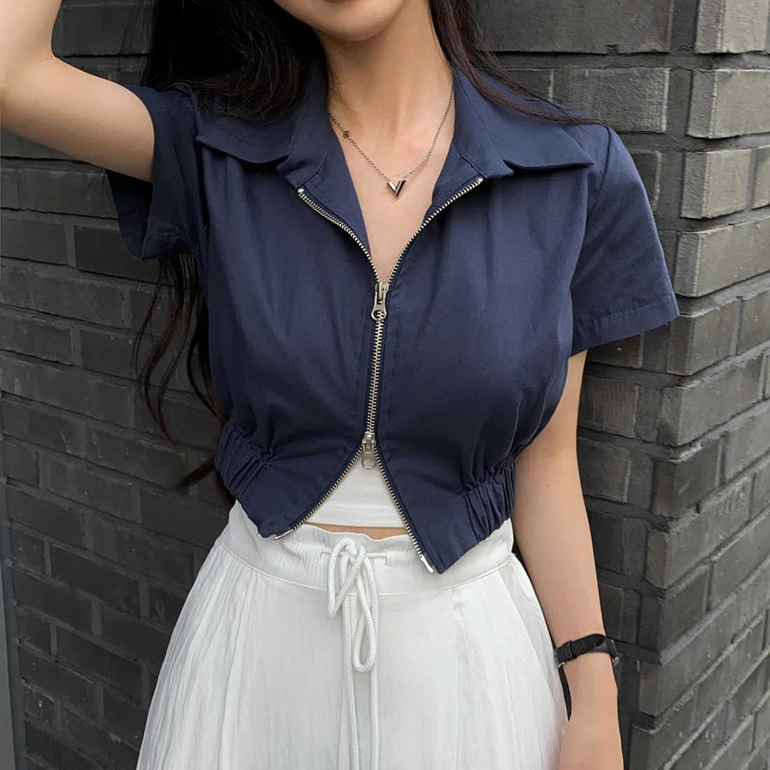 

Женская короткая рубашка с отложным воротником BULOCHOVA, повседневная Тонкая блузка с коротким рукавом и двойной молнией в Корейском стиле на лето, новинка 2023