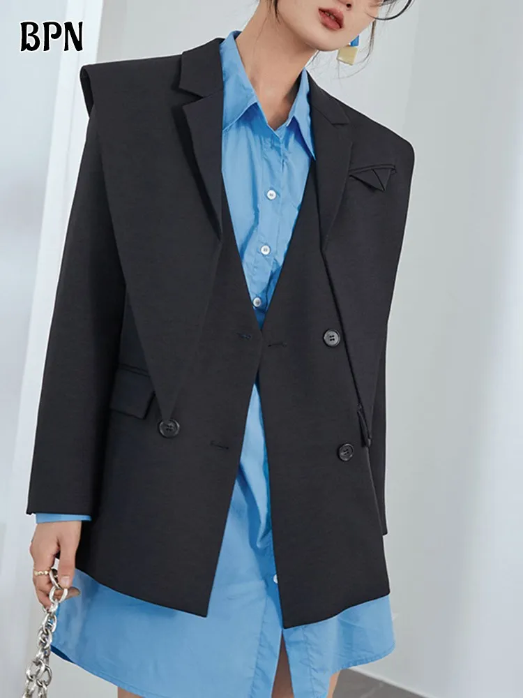 

BPN Casual Soild Blazers For Women Notched Collar Long Sleeve Patchwork double Breasted Blazer Female Fashion Clothing New 2023