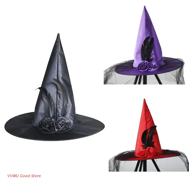 

Adult Kid Halloween Witch Hats with Feather Rose Veil Decor for Masquerade Party