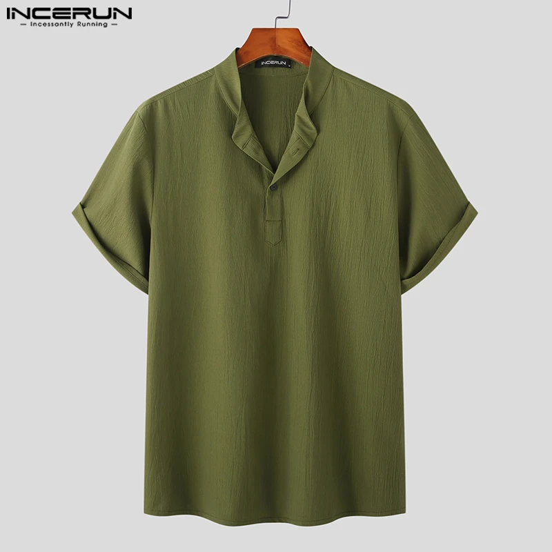 

Men Shirt Solid Color Harajuku Stand Collar Short Sleeve Men Clothing Vintage 2023 Streetwear Summer Casual Shirts S-5XL INCERUN