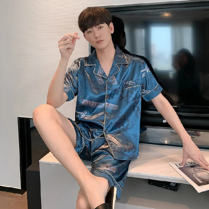 Пижамный комплект мужской с эластичным поясом шелковая одежда для сна коротким