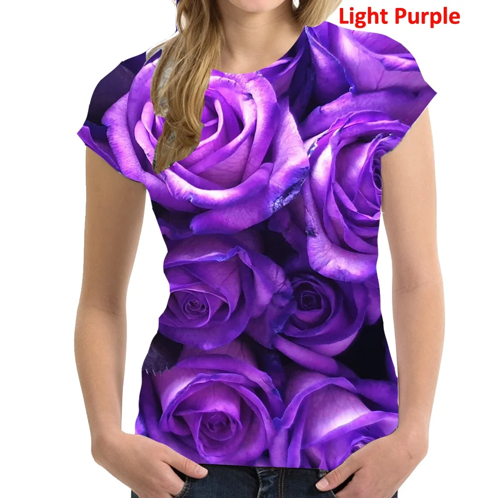 

2022 Women's Summer Fashion O-neck Short Sleeve Rose Print T-Shirt Tops Floral Blouses