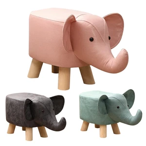 Small Footstool For Children, Elephant Animal Shape, Footstool With 4 Wooden Legs, Fabric Ottoman Upholstered Footrest