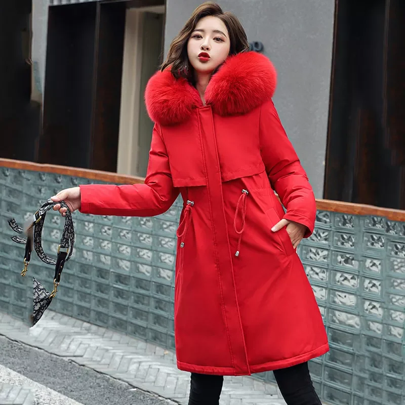 New2022 Long Parkas Hooded with Fur Wool Liner Ladies Casual Winter Jackets Thick Warm Coats Zipper Pockets Outwear for Female