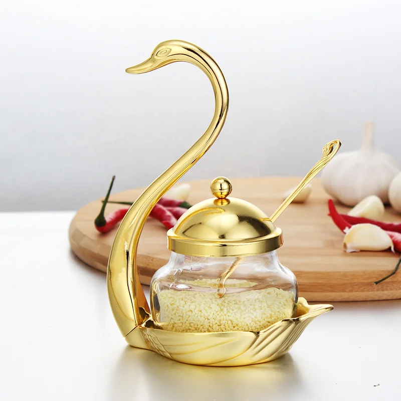 

Creative Swan Aluminum Condiment Pot Set Seasoning Container alloy Spice Pepper Coffee Organizer Glass Jar Salt Sugar Bowl