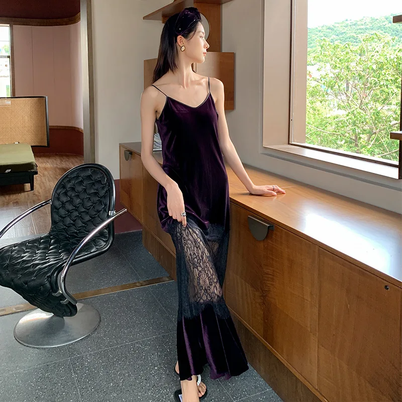 Velvet Pajamas Women's Lace Skirt Long Sling Dress Home Clothes Nightwear