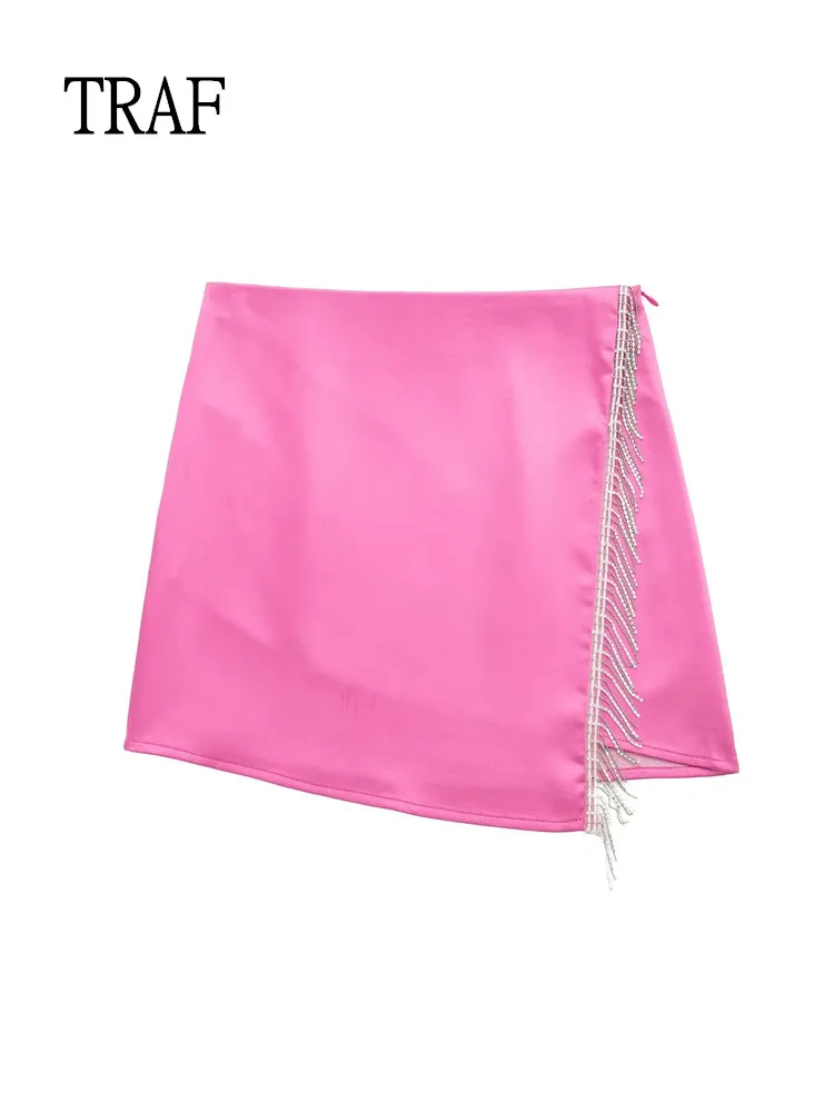 

TRAF Pink Tassel Skirts Women 2022 Korean Fashion High-Waisted Mini Skirt Woman Clothing Sexy Party Irregular Short Skirt