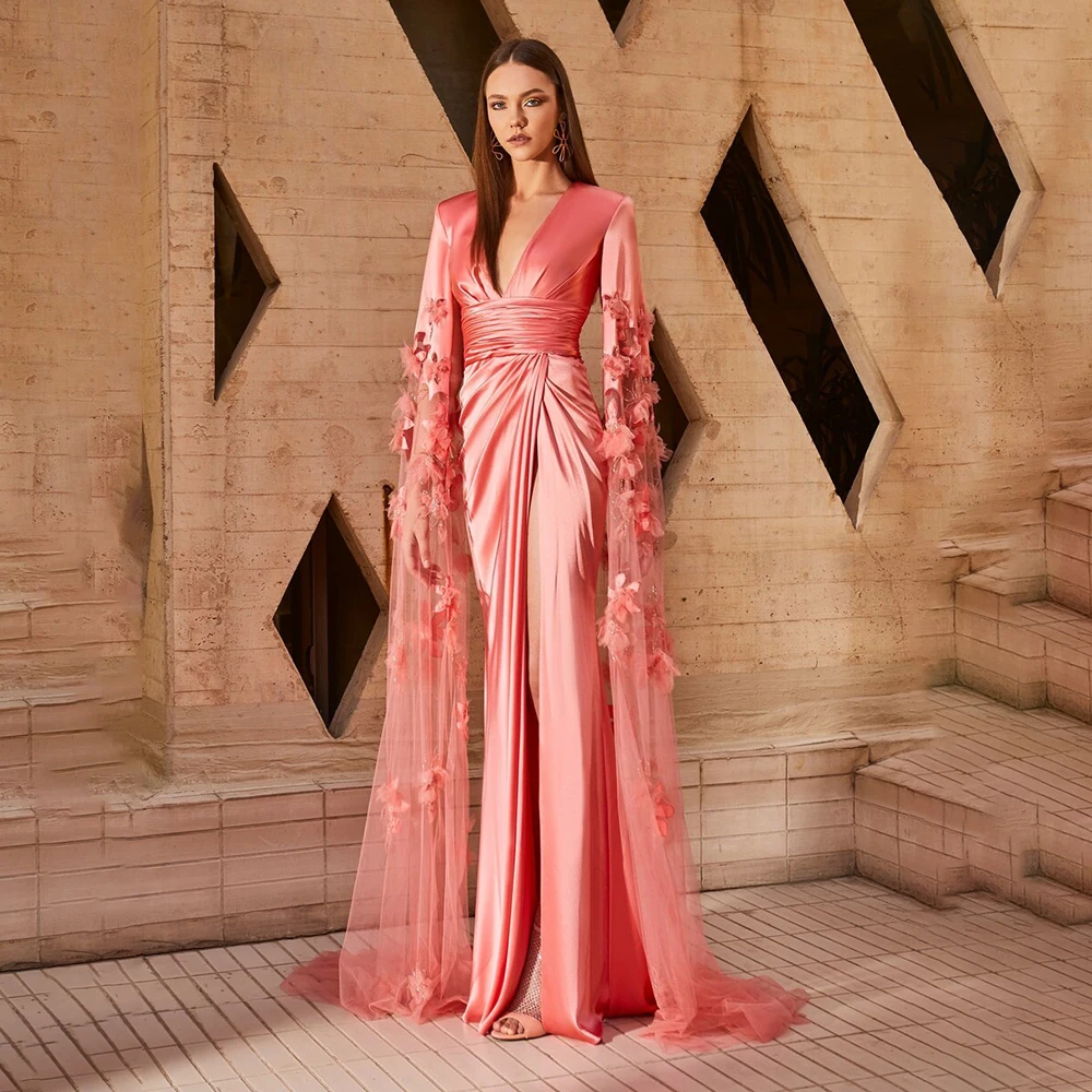 

Атласные вечерние платья с длинным рукавом и V-образным вырезом