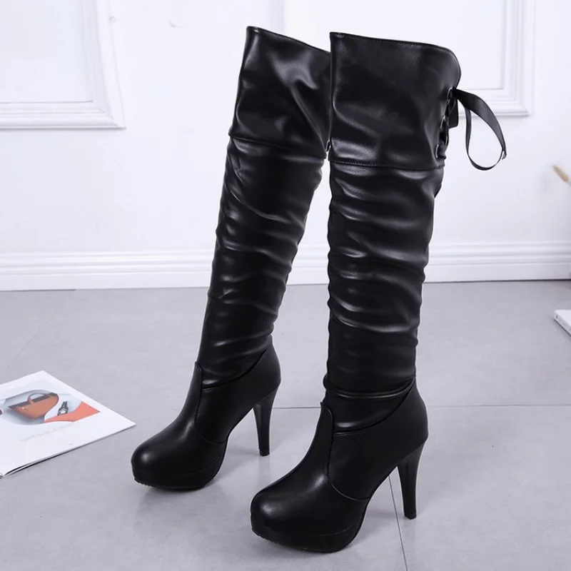 New Women Over The Knee High Boots White Black Heels Winter Shoes Genuine Leather Sexy Elastic Fabric Women Boots Large size