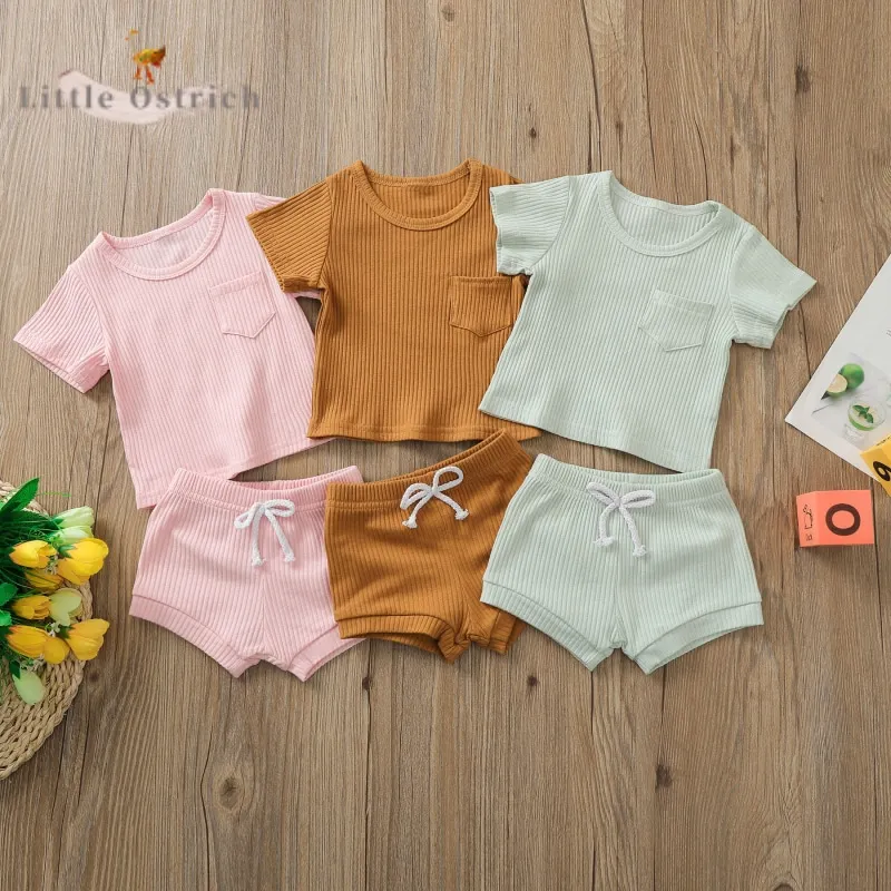 

Newborn Baby Boy Girl Cotton Ribbed Clothes Set Short Sleeve Shirt+Short Child Solid Clothing Suit Summer Top Baby Clothes 9M-3Y