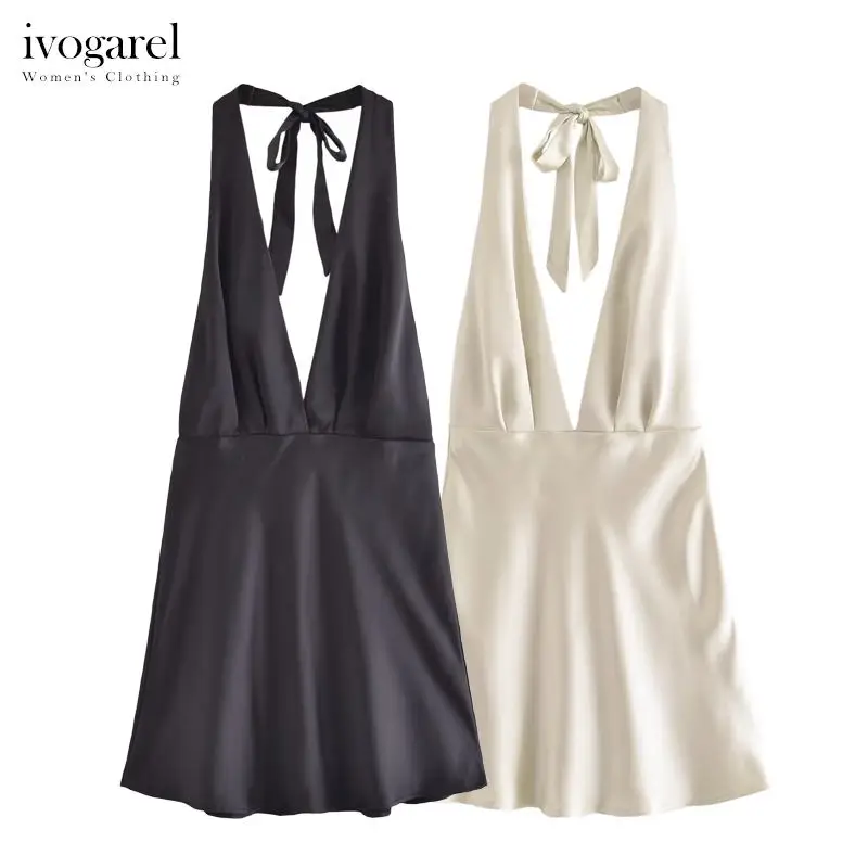 

Ivogarel Woman's Satin Effect Mini Dress Summer Short Dress V-Neck Halterneck Sexy Elegant Y2K Beachwear White Black Traff New