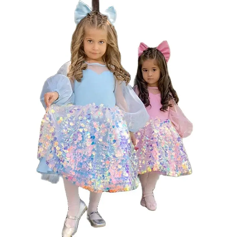 

Summer New Children's Dresses Princess Dresses Sequins Girls Pink Birthday Hosts Catwalk High-end Western Skirts