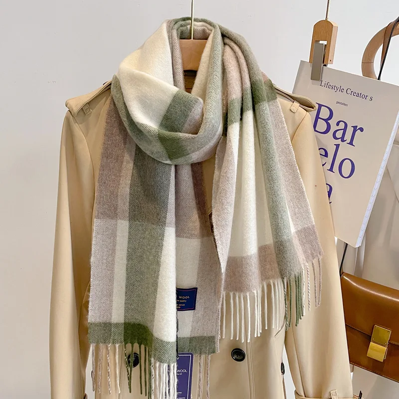 Клетчатый шарф из чистой шерсти для женщин Зимний универсальный подарок на день