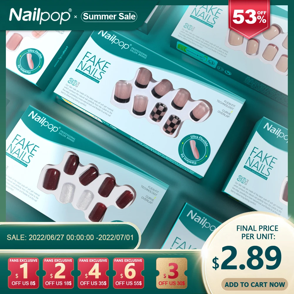 

Nailpop 30Pcs/Box Press on Nails Short Square Wearable Fake Nails Set Gel Full Cover Ultra-thin Design Easy Wear for Home Office