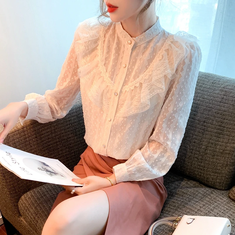 

Spring Summer Women's Long-Sleeved Commuting Korean Style Solid Color Patchwork Lace Chiffon Women's Tops Chemise Femme C093