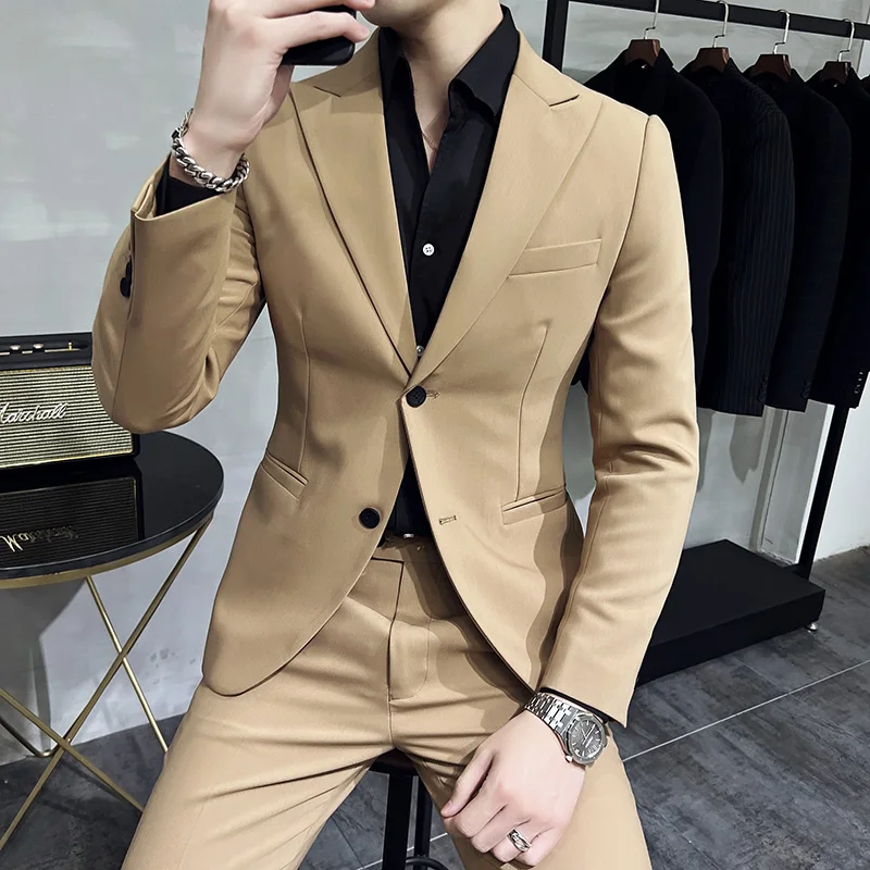 

2023 Boutique high-end (suit + trousers) business fashion handsome trendy suit British casual solid colour men two-piece suit