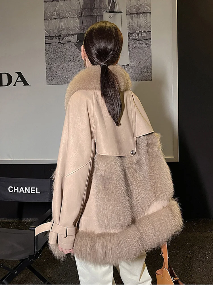 Women Real Fur Coat Autumn Winter Fashion Loose Thick Warm Fox Fur Splicing Sheepskin Double-faced Fur Jacket Female Outerwear