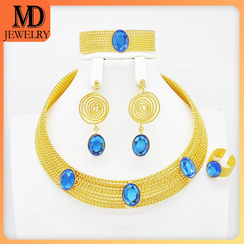 

Popular fashion jewelry gemstone necklace set contains necklace earrings bracelet ring Nigeria boutique jewelry set