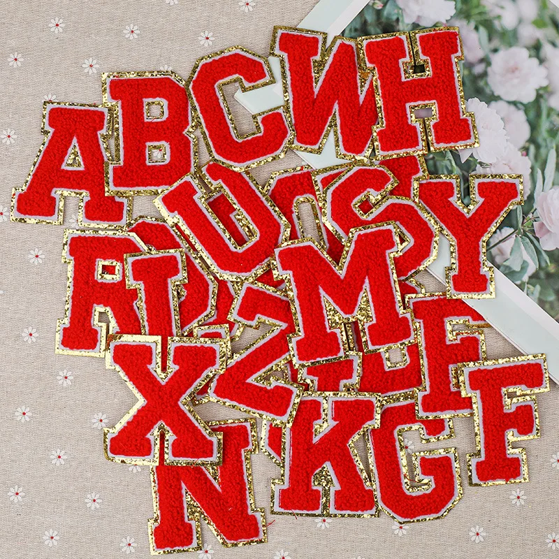 

Red Letters Sequins Patches Towel Embroidered Alphabet Felt Chenille Sew on Patch for DIY Accessories Applique Glitter A-Z 8CM