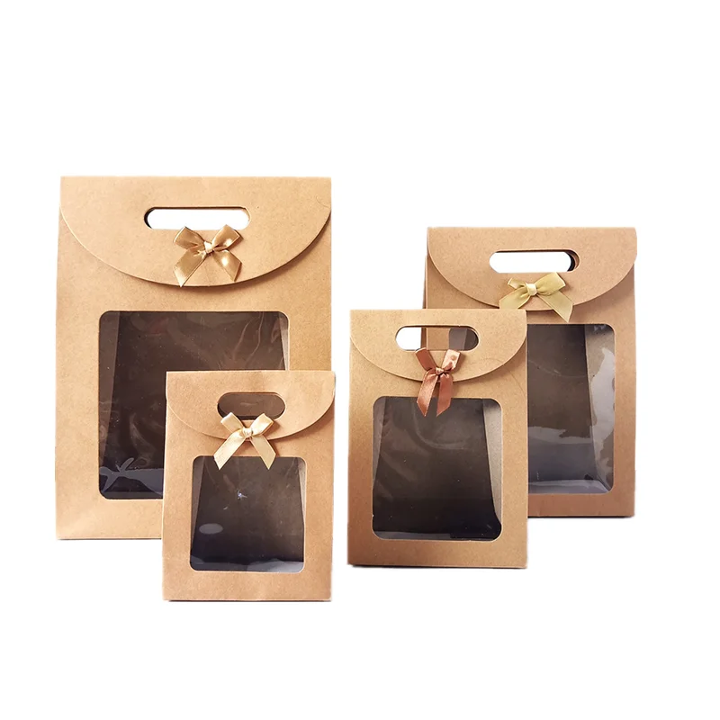 10/20pcs Kraft Paper Gift Bag with Bow-knot PVC Window Self-adhesive Portable Packaging Bags for Clothing Shopping Party Favors