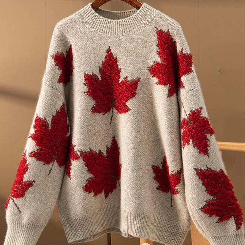 

Zik Hekiy Maple Leaf Pattern Panel O-Neck Knitted Pullover New Women's Loose Casual Sweater Top