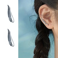 retro handmade silver color feather leaf ear clips earring gifts for girl female design simple u shaped ear clip party jewelry