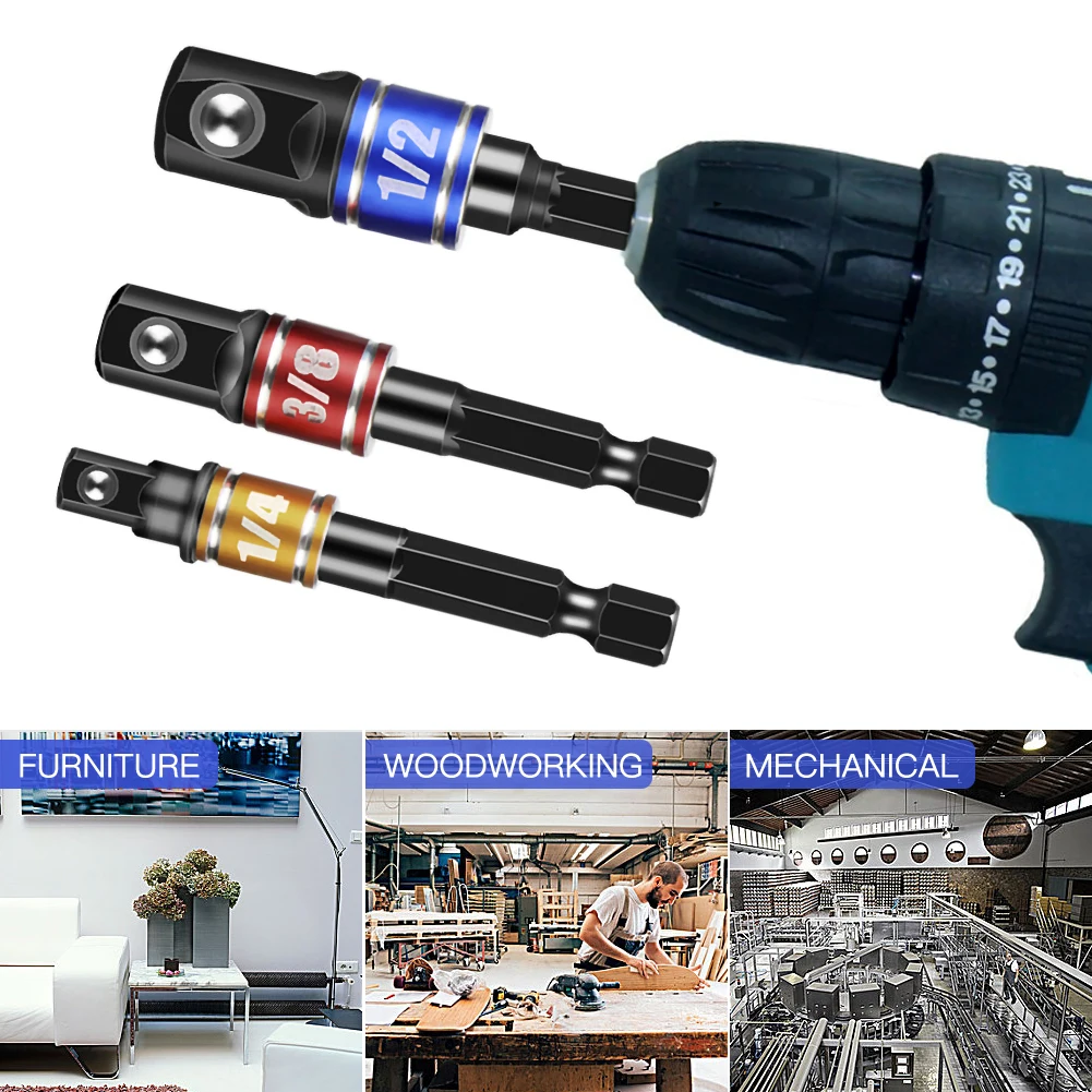 

3Pcs Drill Socket Adapter Converter For Impact Driver With Hex Shank To Square Socket Drill Bits Bar Extension 1/2 3/8 1/4 Size