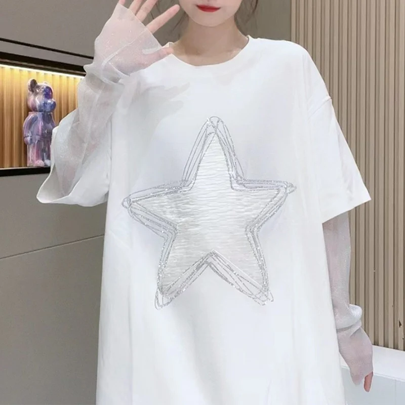 

Loose Medium Length Design Fake Two White T-shirts for Women with Thin Front Shoulder Reducing Age and Covering Flesh Clothes