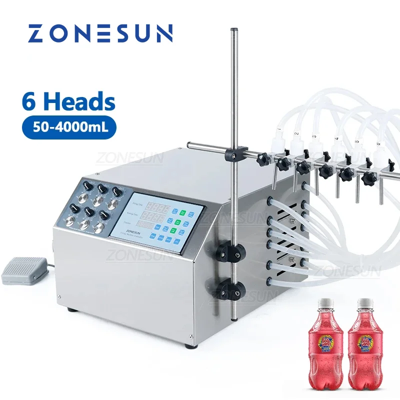 

ZONESUN 6 Heads Electric Semi-Automatic Juice Soy Milk Diaphragm Pump Filling Machine Water Glass Plastic Bottle Filler