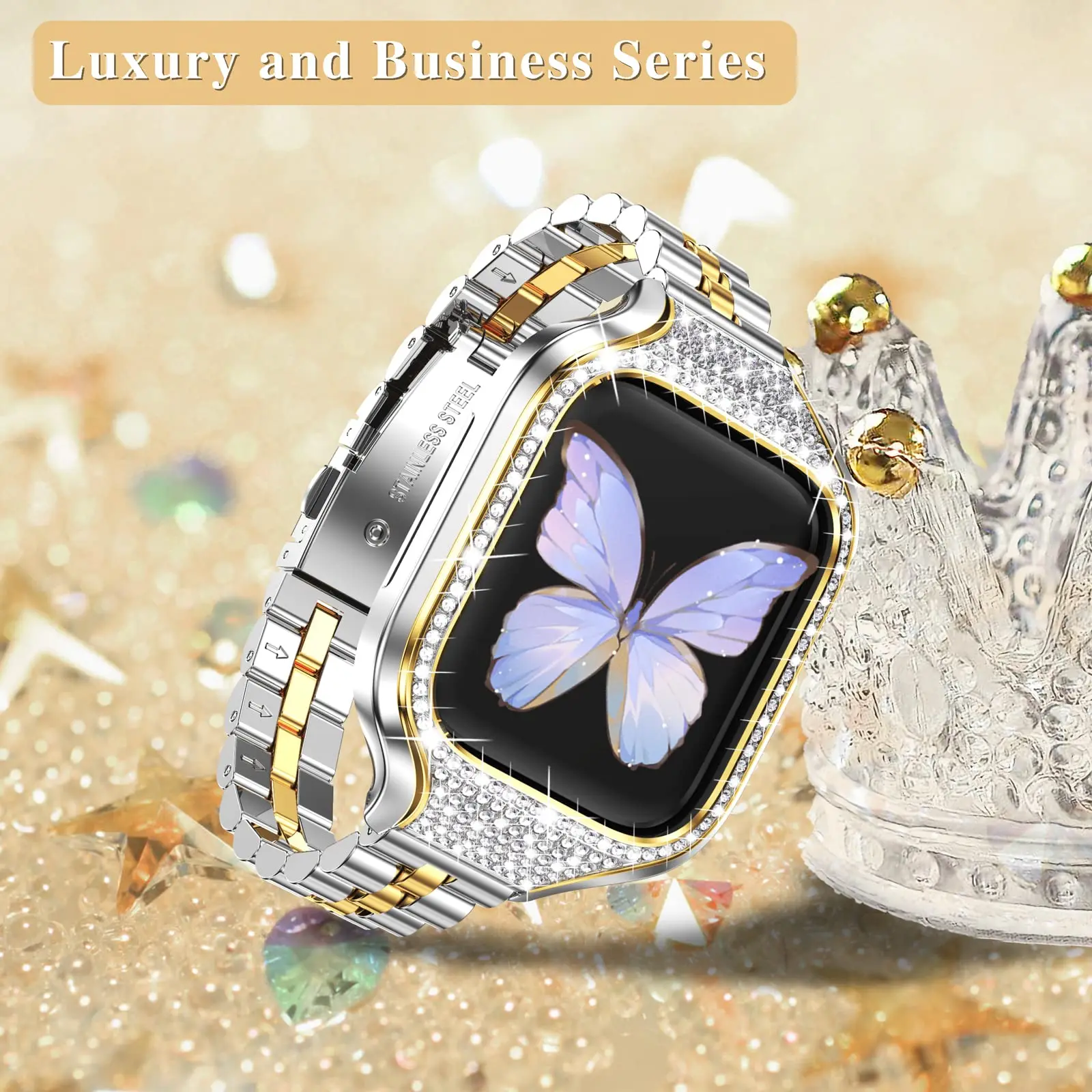 

Metal Case+Slim Band For Apple Watch Strap 40mm 41mm 40 Stainless steel bracelet+Bling Diamond Cover iwatch series 8 7 6 5 4 SE